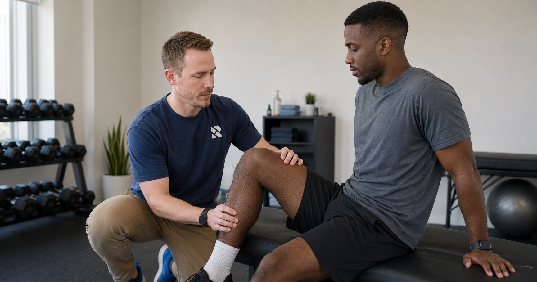 Biokineticist conducting a post-surgical rehabilitation assessment at Faber & De Jager Biokineticists